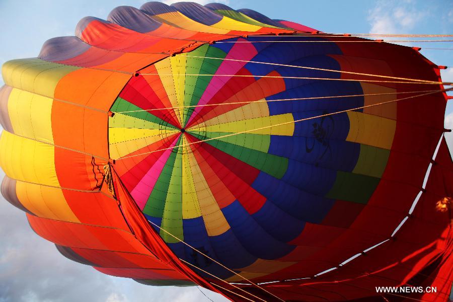 A hot-air balloon rises during the Lorraine World Hot-Air Balloons Festival (LMAB) in the northeast France's city of Chambley, July 24, 2011. The LMAB runs from July 22 to 31, 2011. [Xinhua/Gao Jing]