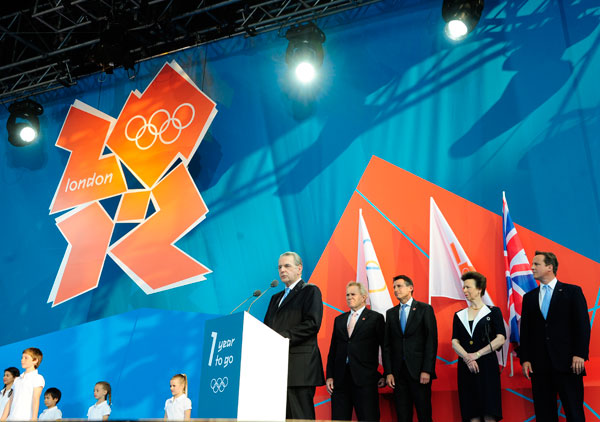  International Olympic Committee (IOC) President Jacques Rogge speaks on at the 'London 2012 - One Year To Go' celebration at Trafalgar Square in central London, Britain, July 27, 2011. London celebrated the one year countdown to the London 2012 Olympic games here on Wednesday. (Xinhua/Zeng Yi)