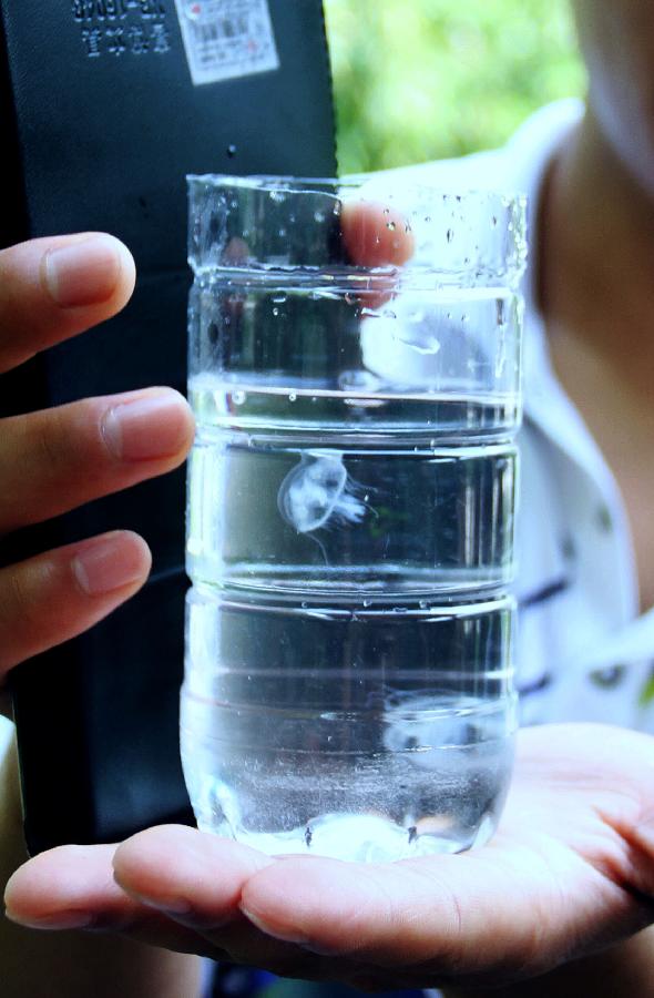 A staff member holds a bottle of water which contains a freshwater jellyfish in the Taishan Mountain scenic area in Tai'an City, east China's Shandong Province, July 27, 2011.