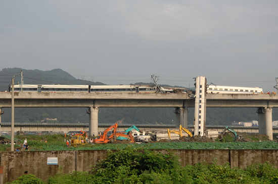 中國兩輛動車7月23日在浙江省境內相撞，這是中國動車從2007年開始運行以來發生的首起重大致命事故。 Two Chinese bullet trains collided in the eastern province of Zhejiang on July 23. The fatal collision was the first serious accident involving China's bullet trains, which began running in 2007.