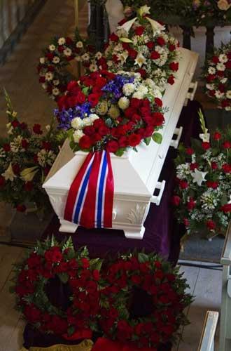 The casket of Bano Abobakar Rashid, 18, who was killed in a shooting massacre last Friday on Utoya island, is seen during her funeral ceremony at Nesodden Church, near Oslo, Friday, July 29, 2011. [AP Photo/Scanpix Norway, Thomas Winje Oeijord] 