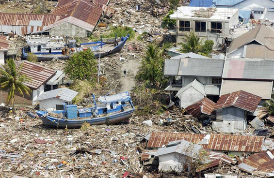 Aerial view of the vast destruction of the Indonesian coast caused by the Indian Ocean tsunami in 2004. [un.org