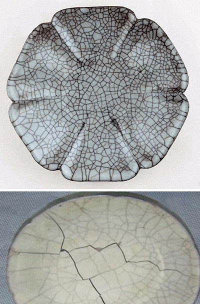 Top: An ancient porcelain plate dating to the Song Dynasty (960-1279) as it looked before it was accidentally broken. Bottom: A screenshot from China Central Television (CCTV) shows the plate was broken into six pieces.