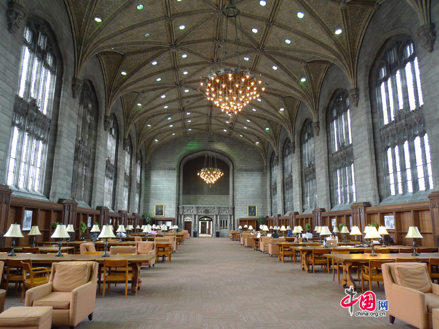 Inside of Harper Library, the University of Chicago. The university, a private research university in Illinois, US, has a reputation of devotion to academic scholarship and intellectualism and is affiliated with scores of Rhodes Scholars and 85 Nobel Prize laureates. [Photo by Xu Lin / China.org.cn]