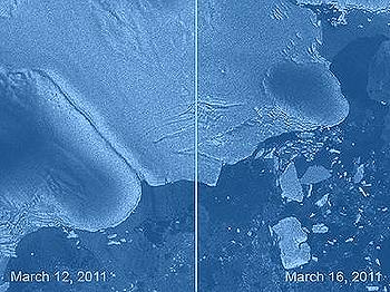 The March 11 earthquake triggered a tsunami off Japan's east coast that rolled across 8,000 miles of ocean to break pieces off the Sulzberger Ice Shelf in Antarctica. [NASA] 