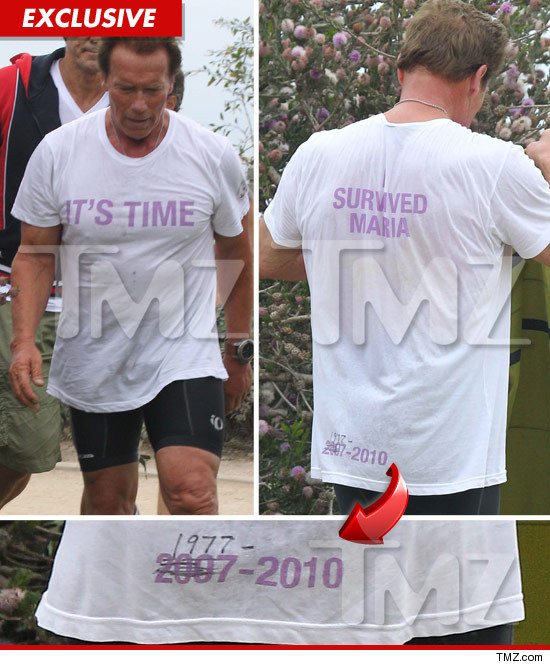Former governor of California Arnold Schwarzenegger was sporting a t-shirt which read 'I Survived Maria.'