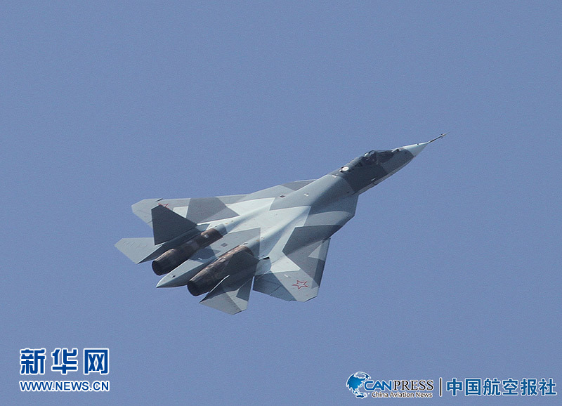 The new twin-engine T-50 fighter flies Sunday near Moscow. MAKS 2011, an international air show, will be held in the small science town of Zhukovskiy, 25 miles southeast of Moscow from Aug. 16-21, 2011.[Xinhuanet] 