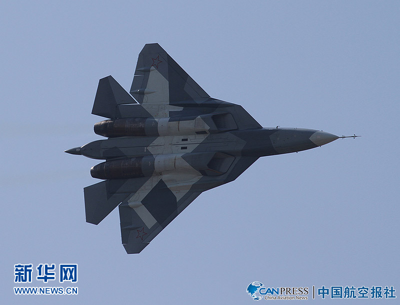 The new twin-engine T-50 fighter flies Sunday near Moscow. MAKS 2011, an international air show, will be held in the small science town of Zhukovskiy, 25 miles southeast of Moscow from Aug. 16-21, 2011.[Xinhuanet] 