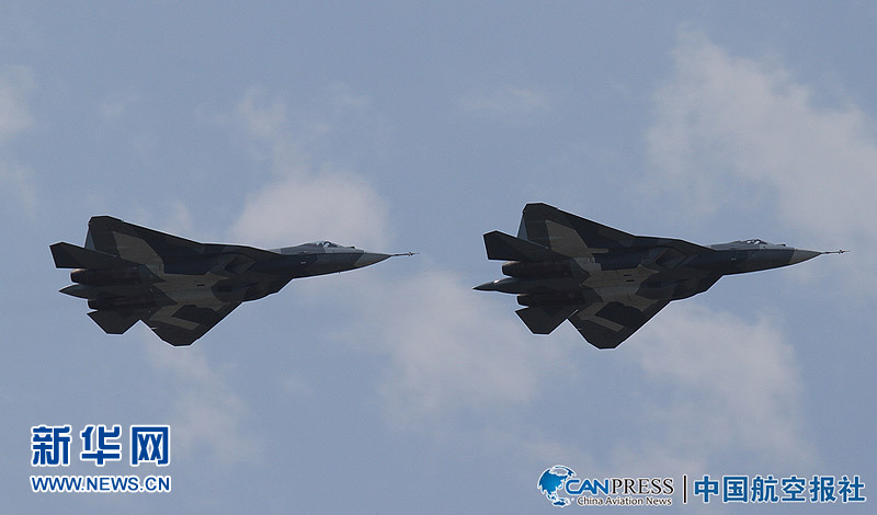 The new twin-engine T-50 fighter flies Sunday near Moscow. MAKS 2011, an international air show, will be held in the small science town of Zhukovskiy, 25 miles southeast of Moscow from Aug. 16-21, 2011.[Xinhuanet] 