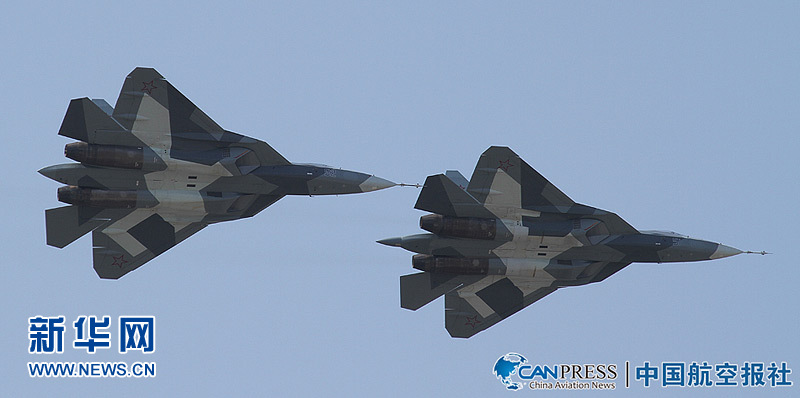 The new twin-engine T-50 fighter flies Sunday near Moscow. MAKS 2011, an international air show, will be held in the small science town of Zhukovskiy, 25 miles southeast of Moscow from Aug. 16-21, 2011.[Xinhuanet]