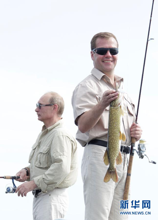 Medvedev and Putin, Russia's two top leaders, spent Tuesday fishing and boating on the Volga river in a rare, day-long private meeting. 