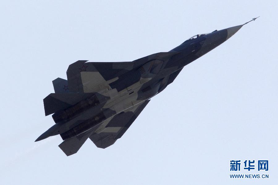 A Sukhoi T-50 flies during a display at the opening of the MAKS International Aviation and Space Salon at Zhukovsky airport outside Moscow August 17, 2011. The T-50, a joint project between Russia and India, made its first public flight on Wednesday.