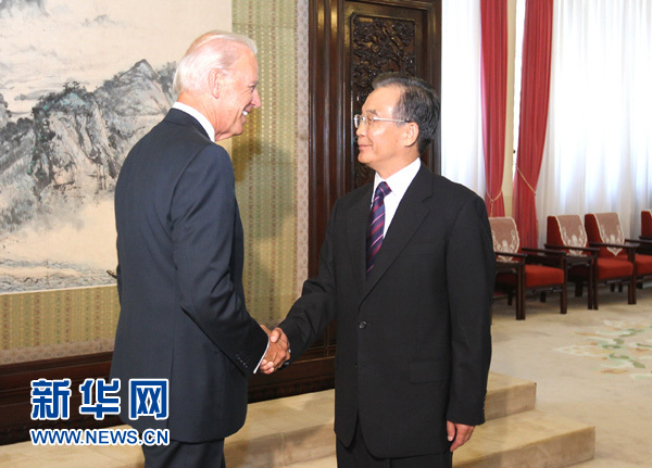 Chinese Premier Wen Jiabao meets with U.S. Vice President Joe Biden in Beijing, August 19, 2011. 