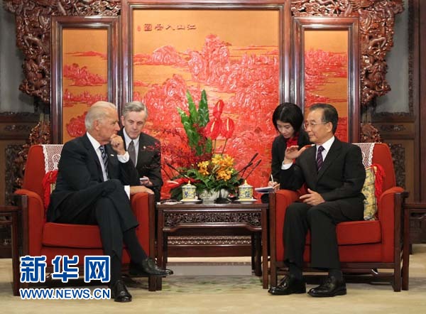 Chinese Premier Wen Jiabao meets with U.S. Vice President Joe Biden in Beijing, August 19, 2011. 