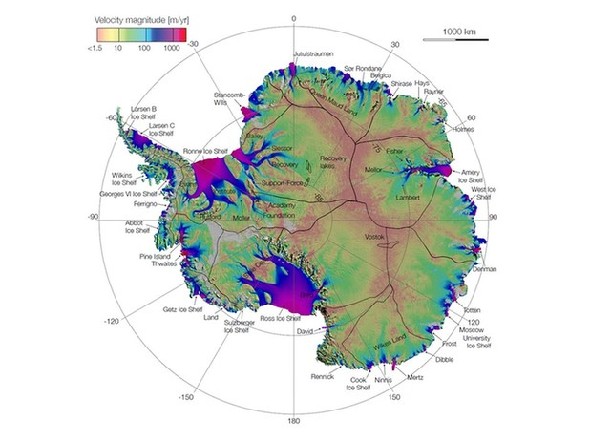 First complete map of the speed and direction of ice flow in Antarctica, derived from radar interferometric data.