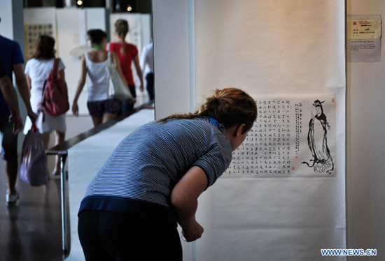 A visitor enjoys works of Chinese calligraphist Chen Jinchun at the opening ceremony of his exhibition 'Charm of the Chinese Calligraphy' in Palais des Nations, Geneva, Switzerland, Aug. 18, 2011.