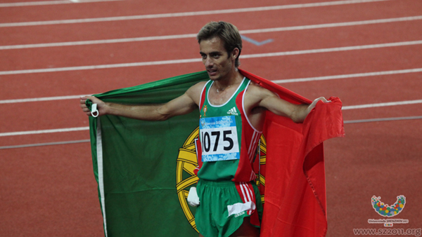 Portugal's Alberto Paulo celebrates after the men's 3000m steeplechase final at the 26th Summer Universiade, Shenzhen on August 20, 2011. Paulo claimed the gold medal with 8 minutes 32.26 seconds. 