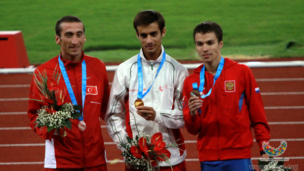 Portugal's Alberto Paulo won the gold medal with 8 minutes and 32.26 seconds during men's 3000m steeplechase final at the 26th Summer Universiade, Shenzhen on August 20, 2011. Turkey's Akkas Halil won the silver medal with 8 minutes 34.57 seconds. Russia's Minshin Ildar won the bronze medal.