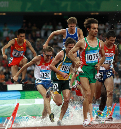 Portugal's Alberto Paulo celebrates after the men's 3000m steeplechase final at the 26th Summer Universiade, Shenzhen on August 20, 2011. Paulo claimed the gold medal with 8 minutes 32.26 seconds.