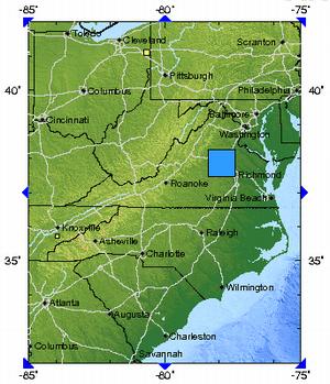 Blue square shows the epicenter of the 5.9 magnitude quake, August 23, 2011. [US Geological Survey] 