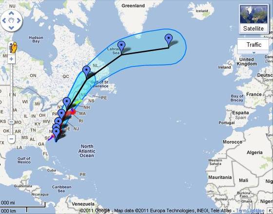 Hurricane Irene track forecast (Data as of 5 p.m. PDT Friday) [maps.google.com]