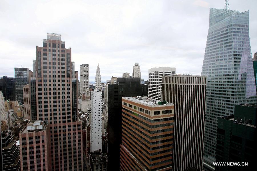 Skyscrapers are seen in New York, the United States, Aug. 28, 2011. U.S. Homeland Security Secretary Janet Napolitano said on Sunday that the worst of Hurricane Irene was over but communities still in Irene's path should continue to be vigilant. It lost some strength as it hit the New York City Sunday morning. [Xinhua]