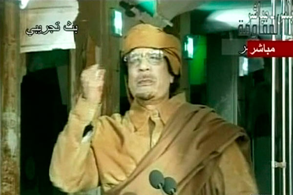 A still image of Muammar Gadhafi is displayed to accompany his audio message broadcast by Arabic news channels Al-Arouba and Arrai, Sept 1, 2011. [Agencies]