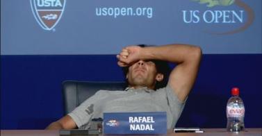 Rafal Nadal slipped off his chair in news conference for a painful cramp in his right leg about two hours later after the second seed defeated David Nalbandian in the third round of US Open on Sunday. [Source:eurosport.yahoo.com]