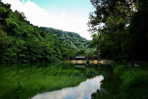 Lake Cihu mirrors the lush trees on its bank.