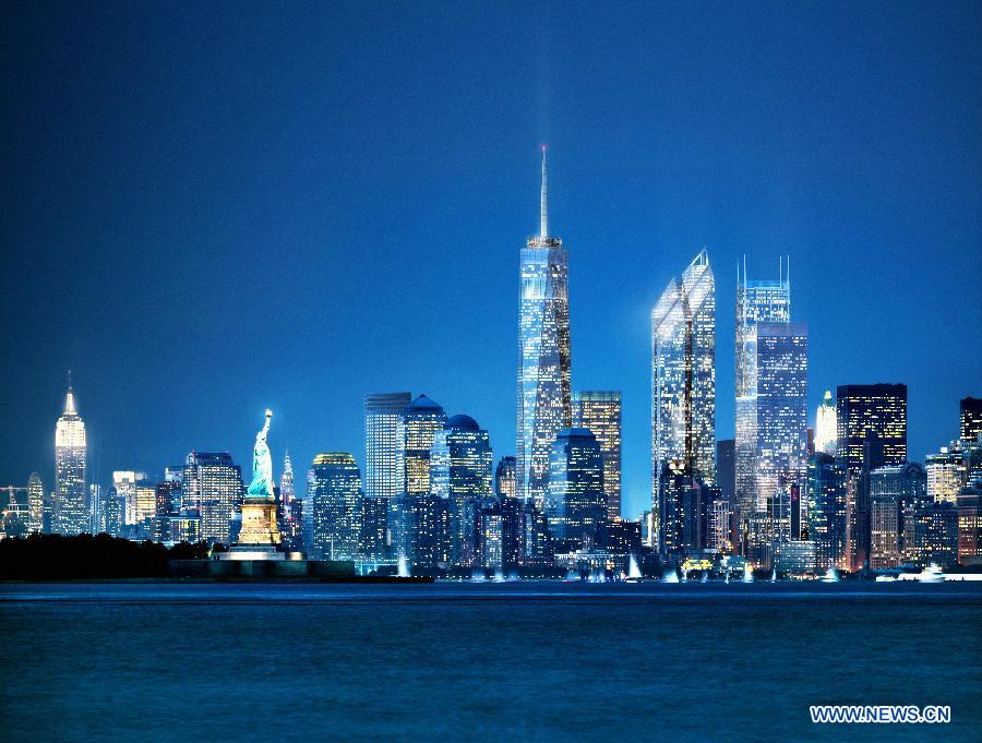 This is a rendering of the future World Trade Center issured at the World Trade Center rebuilding update news conference held in New York, the United States, on Sept. 7. 2011. The World Trade Center site in Lower Manhattan is being rebuilt with new skyscrapers and a memorial to the casualties of the 9/11 attacks. [Xinhua]