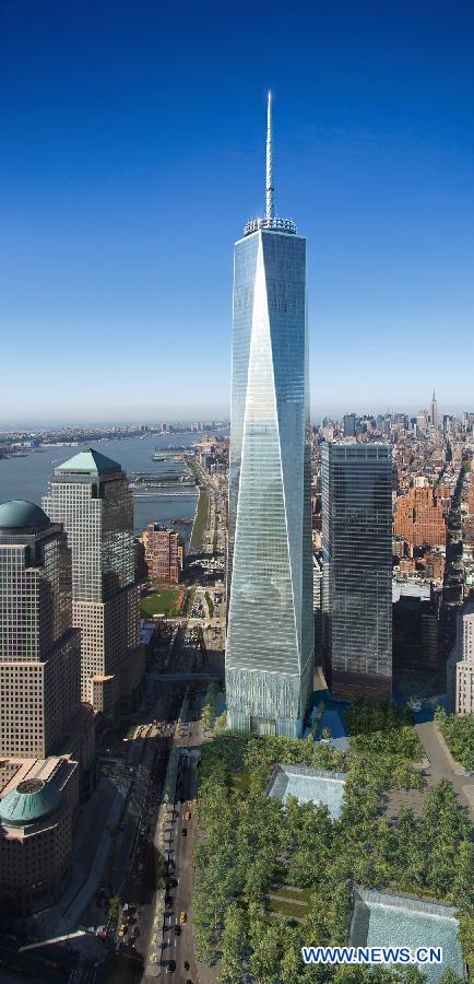 This is a rendering of the future World Trade Center issured at the World Trade Center rebuilding update news conference held in New York, the United States, on Sept. 7. 2011. The World Trade Center site in Lower Manhattan is being rebuilt with new skyscrapers and a memorial to the casualties of the 9/11 attacks. [Xinhua]