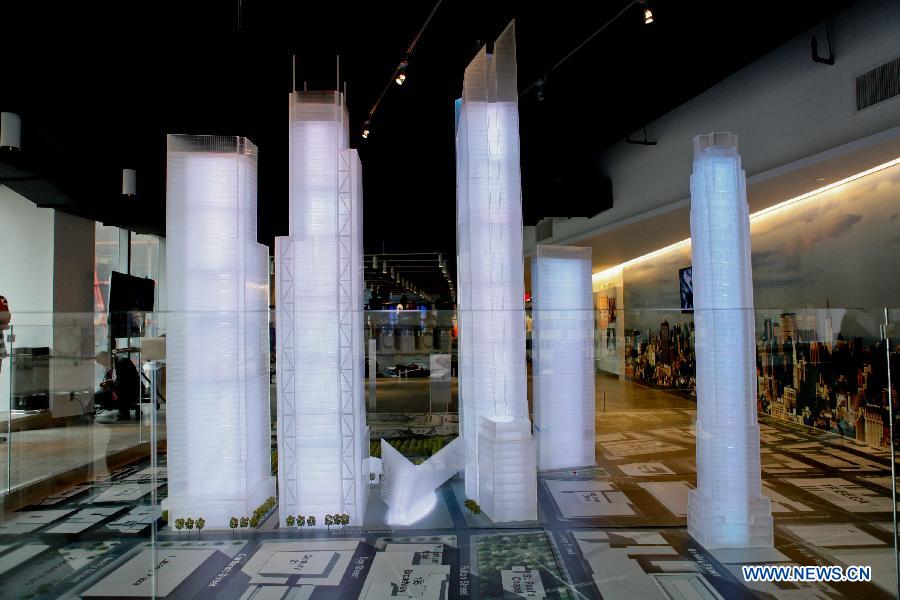 Photo shows the model of World Trade Center redevelopment plan in World Trade Center building 7, New York, U.S., Sept. 7, 2011. WTC developer Larry Silverstein hosted a World Trade Center rebuilding update news conference, featuring presentations by Mayor Bloomberg, master planner Daniel Libeskind, among others. [Fan Xia/Xinhua]