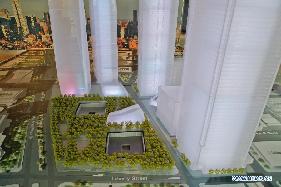 Photo shows the model of World Trade Center redevelopment plan in World Trade Center building 7, New York, the United States, Sept. 7, 2011. WTC developer Larry Silverstein hosted a World Trade Center rebuilding update news conference, featuring presentations by Mayor Bloomberg, master planner Daniel Libeskind, among others. [Fan Xia/Xinhua]