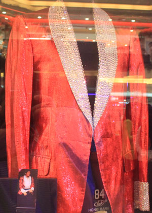 A red jacket worn by singer Michael Jackson is on display at the New World Department Store in Beijing Sept. 8, 2011.