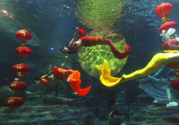 Mermaids swim around the 'full moon' and red lanterns to greet the upcoming Mid-Autumn Festival in Donghu Ocean World of Wuhan, capital of Central China's Hubei province, Sep.9, 2011. [CFP Photo]