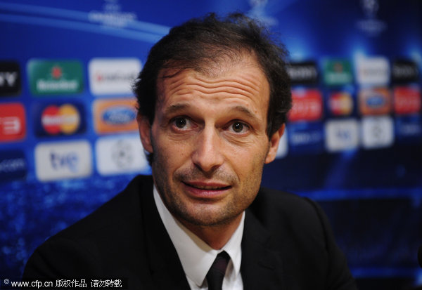 AC Milan's coach Massimiliano Allegri attends a press conference at the Nou Camp stadium in Barcelona, Spain, Monday, Sept. 12, 2011. FC Barcelona will play against AC Milan next Tuesday.