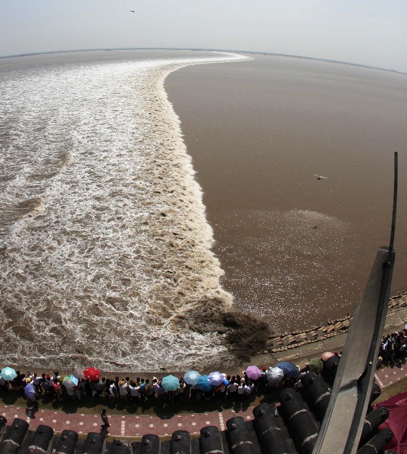 Roaring waves surge forward along the Qiantang River in Jiaxing City, east China's Zhejiang Province, Sept. 13, 2011. Tens of thousands of tourists have gathered in Jiangxing, one of the best tide-watching places, to watch the magnificent tidal bore. The tidal bore, an annual spectacular sight since ancient times, is known in the world for its roaring tides. The natural wonder has become a popular attraction for tourists across the globe. [Xinhua/Shen Da]