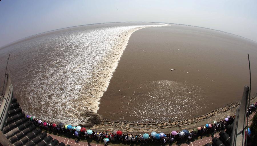 Roaring waves surge forward along the Qiantang River in Jiaxing City, east China's Zhejiang Province, Sept. 13, 2011. Tens of thousands of tourists have gathered in Jiangxing, one of the best tide-watching places, to watch the magnificent tidal bore. The tidal bore, an annual spectacular sight since ancient times, is known in the world for its roaring tides. The natural wonder has become a popular attraction for tourists across the globe. [Xinhua/Shen Da]