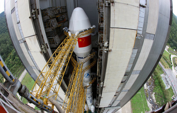 Communication satellite Zhongxing-1A carried by a Long March-3B rocket carrier prepares to blast off from the Xichang Satellite Launch Center in the Southwest China's Sichuan province, Sept 19, 2011. 
