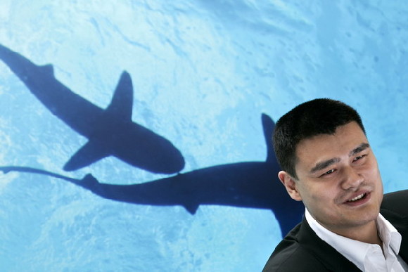 Basketball star Yao Ming attends a ceremony in Shanghai on Thursday to launch a campaign urging people to stop eating shark fin soup. [China Daily] 