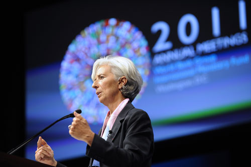 Christine Lagarde, managing director of IMF, adressed the annual International Monetary Fund and World Bank meetings in Washington DC, capital of the United States, Sept. 23, 2011. [Zhang Jun/Xinhua]