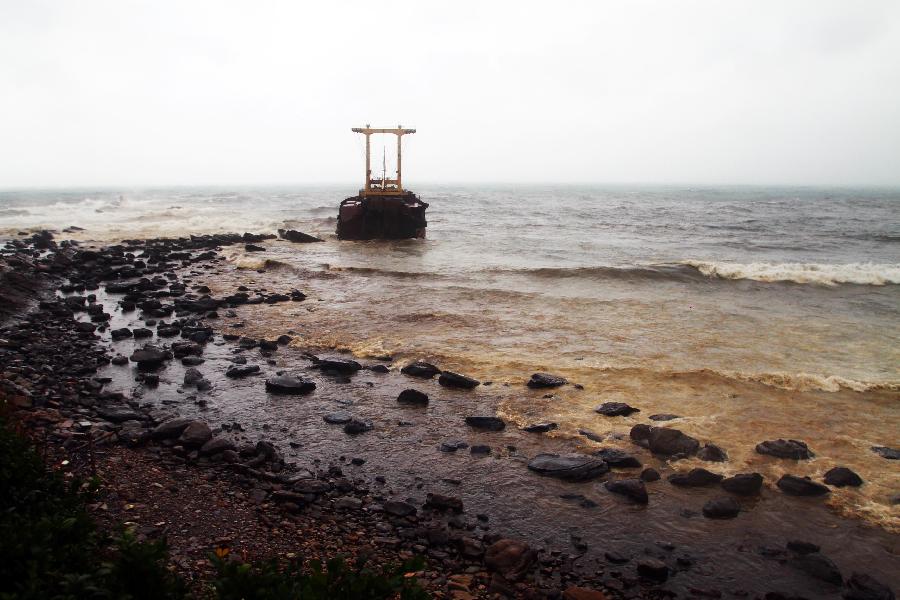 Photo taken on Oct. 3, 2011 shows the cracked cargo ship and the rocks polluted by the leaked oil, at the coast near Keelung, southeast China's Taiwan.[Xinhua] 