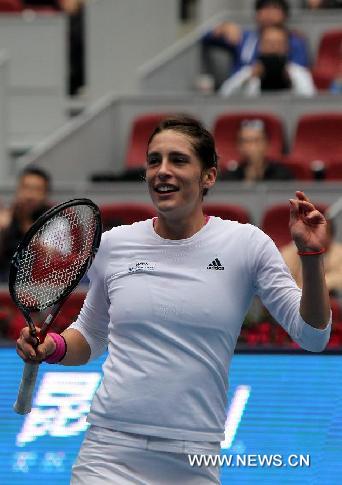 Andrea Petkovic of Germany celebrates after the semifinal of women's singles against Monica Niculescu of Romania at China Open Tennis Tournament in Beijing, China, Oct. 8, 2011. Petkovic won 2-0(6-2, 6-0). [Wang Ying/Xinhua]