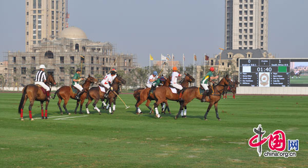 England and South Africa tussle duriing a riveting semi-final at the Goldin U18 International polo tournament in Tianjin, Oct 5.