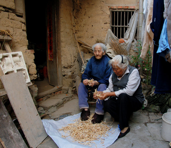 Tao and her mother-in-law pick beans in the yard of their house in Zhu village, Chaohu city in East China's Anhui province, Oct 9, 2011. [Photo/CFP]