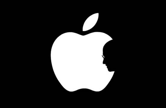 The design that fits Jobs' silhouette into the bite of the Apple logo. 
