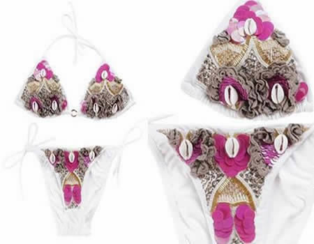 White and pink eyelet-trim bikini by Alessandra Vicedomini, one of the 'Top 10 craziest bikinis' by China.org.cn.
