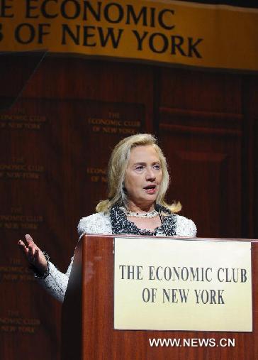 U.S. Secretary of State Hillary Clinton delivers a speech at the Economic Club of New York, the United States, Oct. 14, 2011. [Deng Jian/Xinhua]