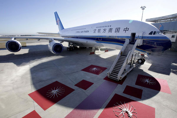 The first Airbus A380 delivered to China Southern Airlines is parked in front of the Airbus Delivery Center during a ceremony in Colomiers near Toulouse October 14, 2011.