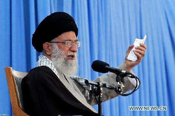 Iran's Supreme Leader Ayatollah Ali Khamenei waves during his speech in the western city of Kermanshah, Iran, Oct. 16, 2011. Khamenei said Sunday that Iran will respond 'strongly' to any destructive act by the U.S. against the country, the semi-official Fars News Agency reported. [Xinhua] 